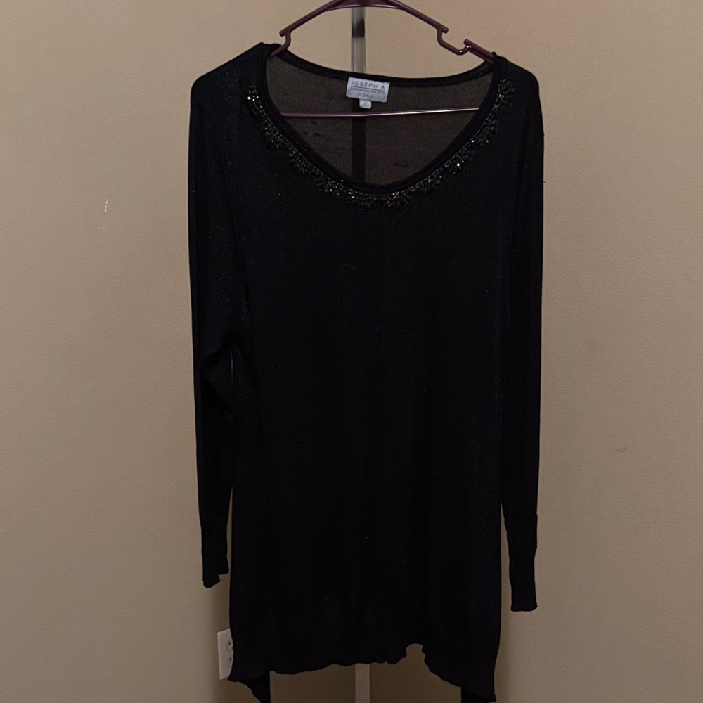 Joseph A Black Long Sleeve Top with Beaded Neckline and Sparkly